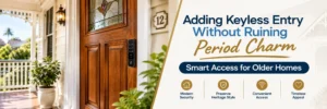 Modern smart lock keypad installed on a traditional Queenslander-style heritage home door