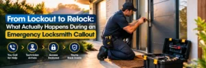 Emergency locksmith helping a homeowner with a residential door lockout
