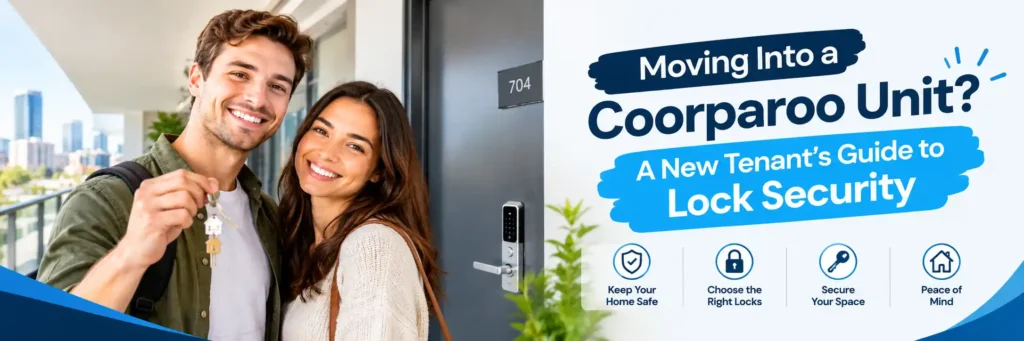 Young couple holding new house keys outside a modern Coorparoo unit with a secure smart door lock