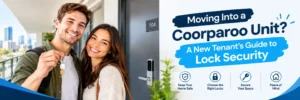 Young couple holding new house keys outside a modern Coorparoo unit with a secure smart door lock