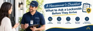 Homeowner speaking with a locksmith and discussing service details before arrival