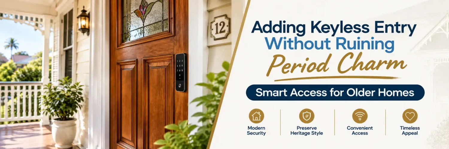 Modern smart lock keypad installed on a traditional Queenslander-style heritage home door